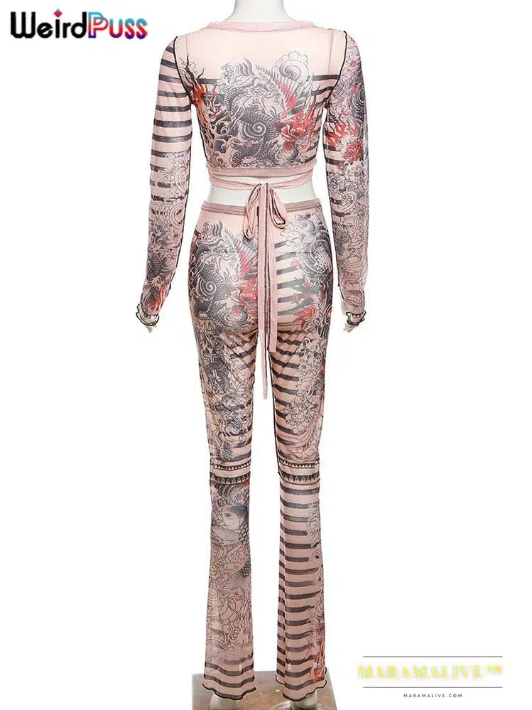 Sexy Women Dragon Stripes 2 Piece Set See Through Wrapped Bandage Crop Tops+Flare Pants Matching Streetwear Outfits