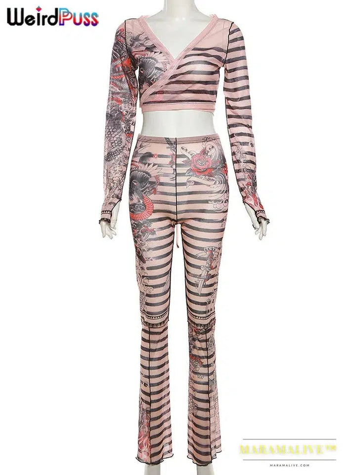 Sexy Women Dragon Stripes 2 Piece Set See Through Wrapped Bandage Crop Tops+Flare Pants Matching Streetwear Outfits