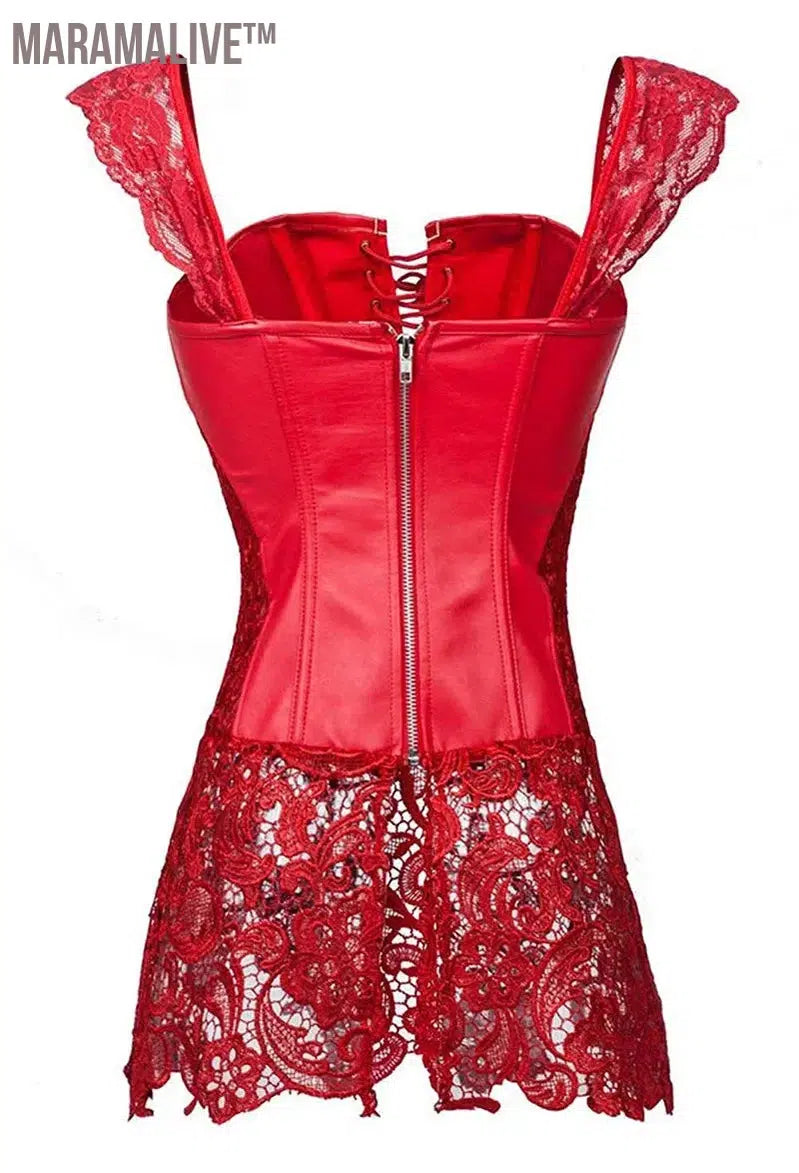 Sexy Women Gothic Corset Bustier Dress Faux Leather Lace Strap Waist Cincher Steampunk Shaper Underwear Lingerie Red Plus Size