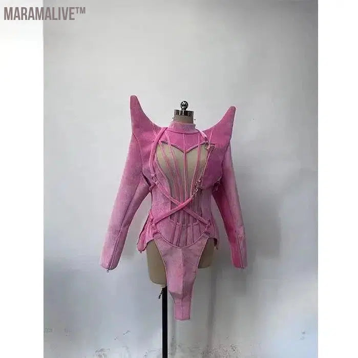 Sexy Women Pink Personalized Shoulder Pad Design Clothing Singer Dancer Dress Performance Costume Modern Dance Stage Outfit