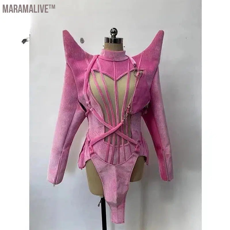 Sexy Women Pink Personalized Shoulder Pad Design Clothing Singer Dancer Dress Performance Costume Modern Dance Stage Outfit