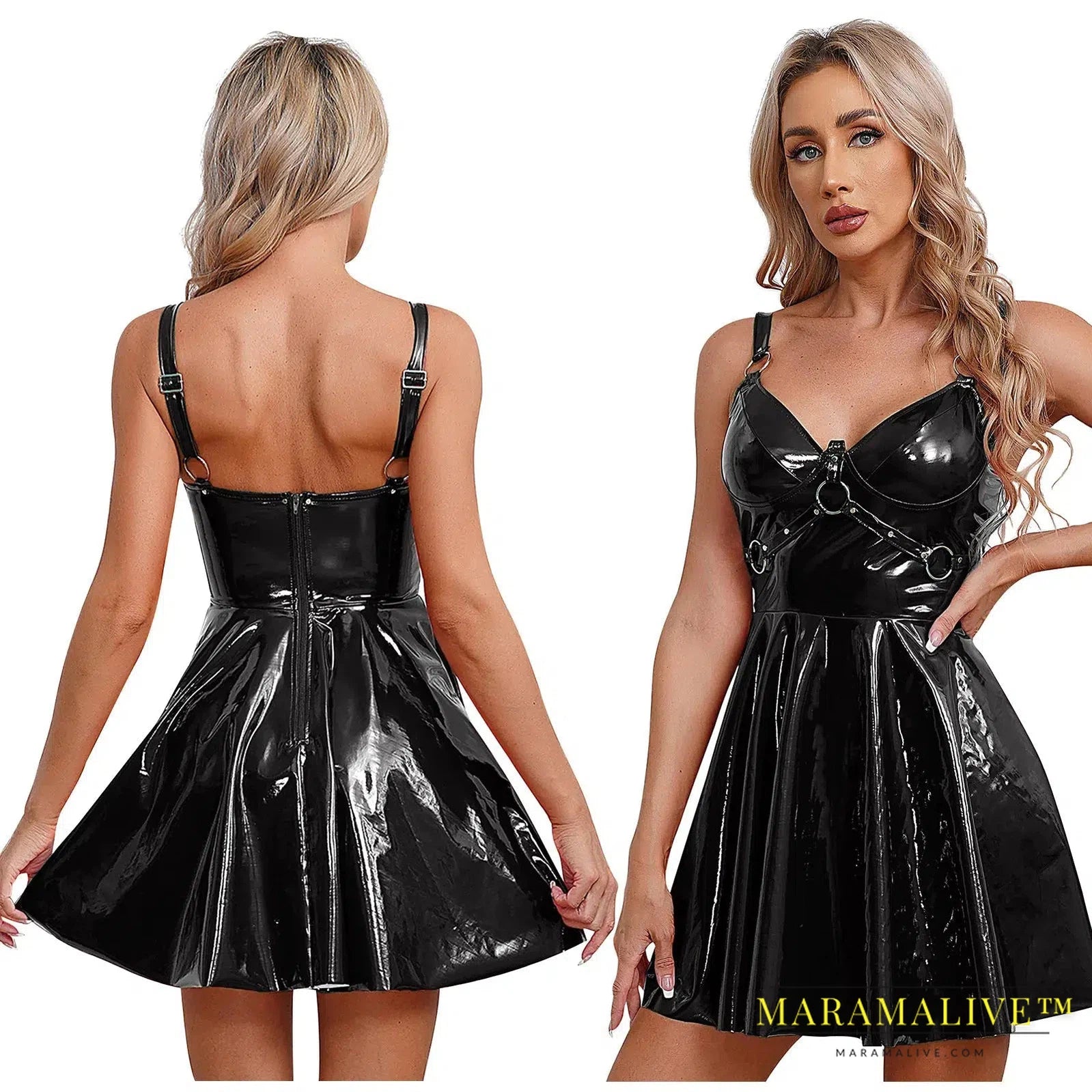 Sexy Womens Glossy Patent Leather Latex Dress with O-Ring Rivets Gothic Punk Strappy V Neck A-Line Club Mini Dress Clubwear