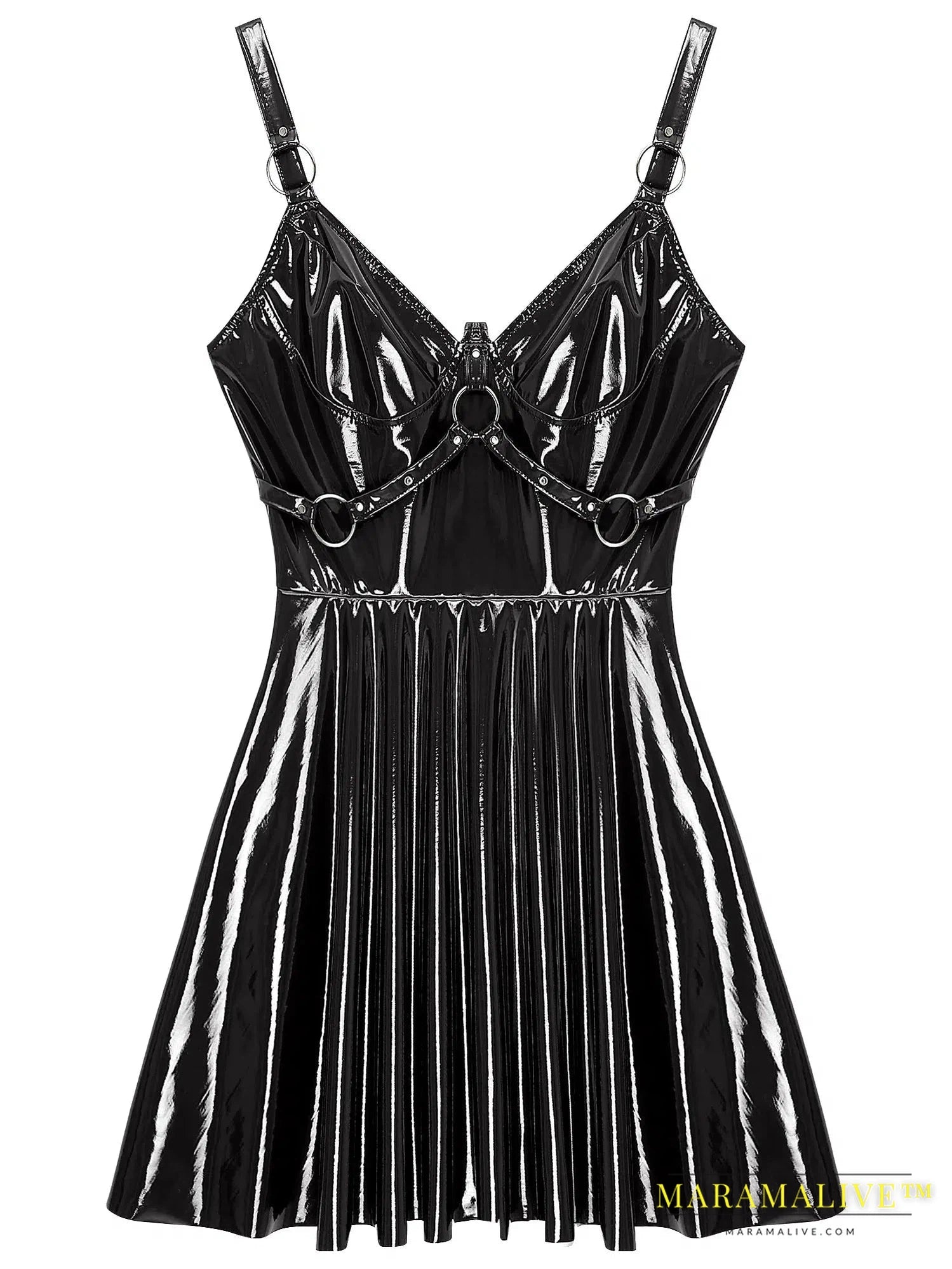 Sexy Womens Glossy Patent Leather Latex Dress with O-Ring Rivets Gothic Punk Strappy V Neck A-Line Club Mini Dress Clubwear