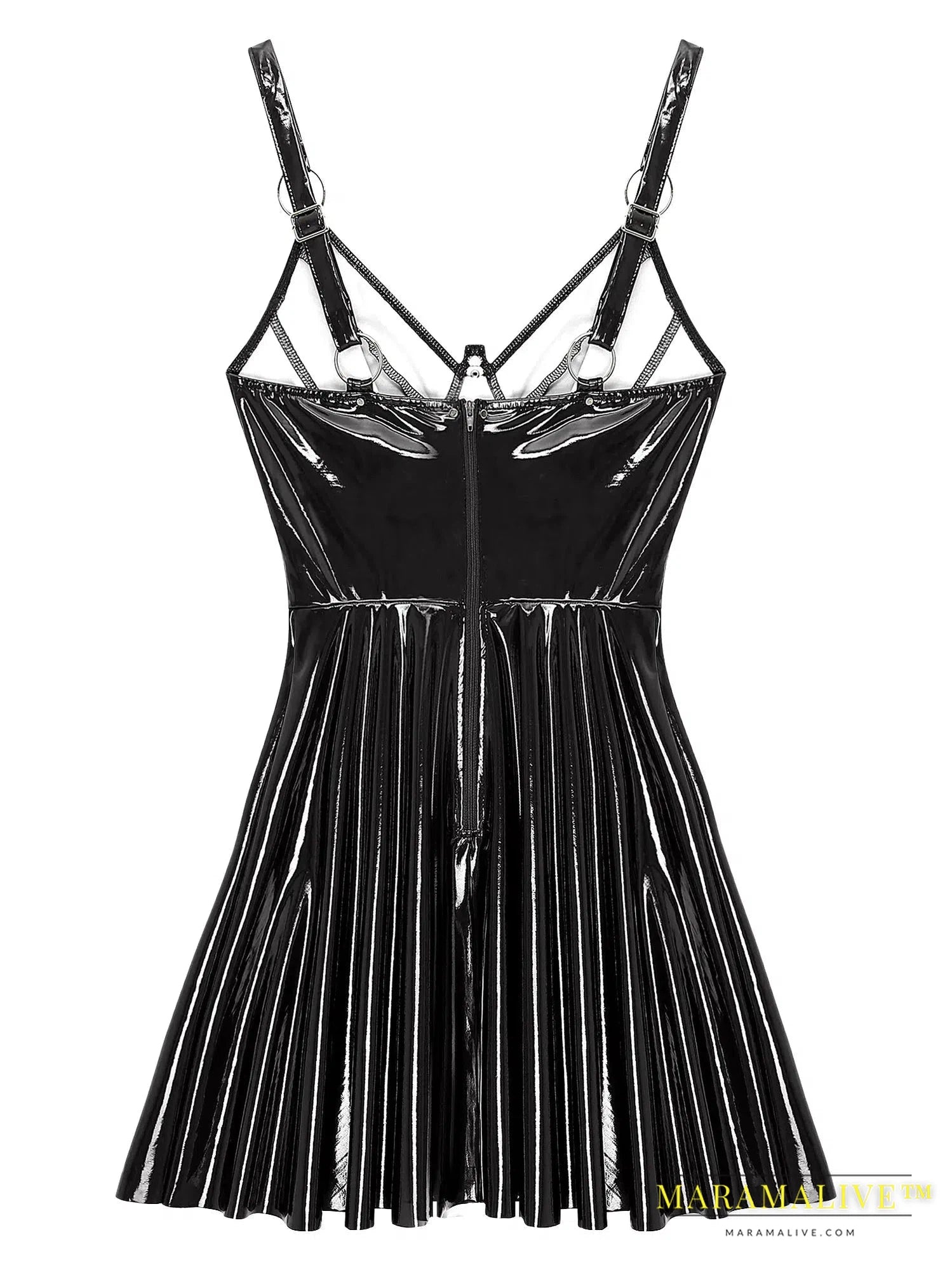 Sexy Womens Glossy Patent Leather Latex Dress with O-Ring Rivets Gothic Punk Strappy V Neck A-Line Club Mini Dress Clubwear