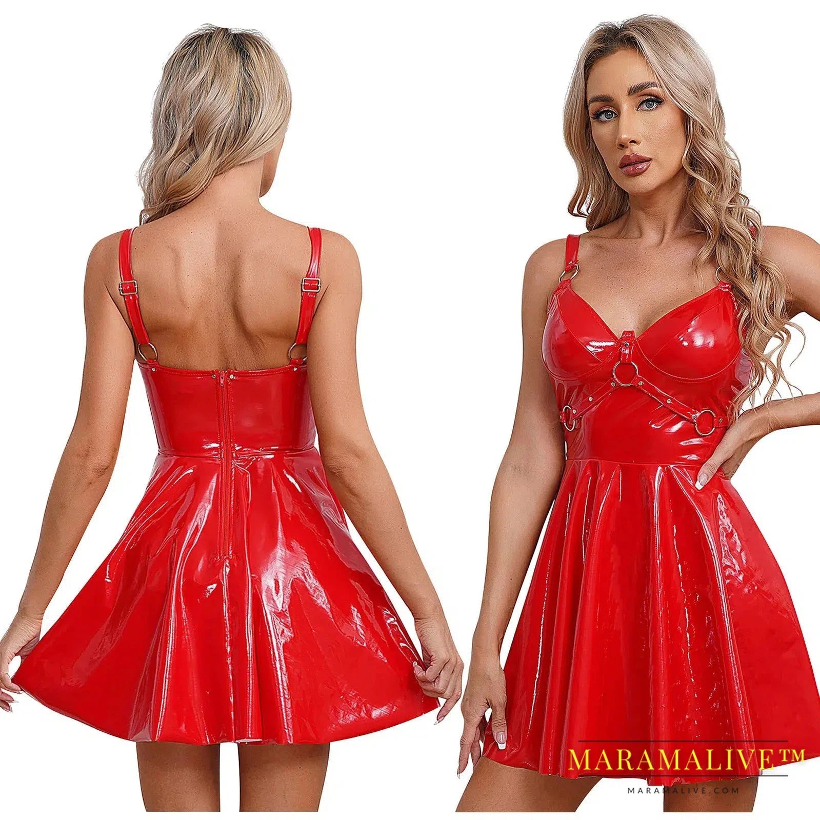 Sexy Womens Glossy Patent Leather Latex Dress with O-Ring Rivets Gothic Punk Strappy V Neck A-Line Club Mini Dress Clubwear