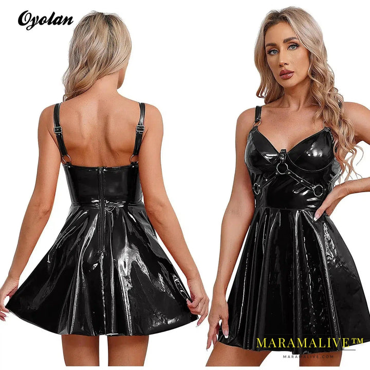 Sexy Womens Glossy Patent Leather Latex Dress with O-Ring Rivets Gothic Punk Strappy V Neck A-Line Club Mini Dress Clubwear