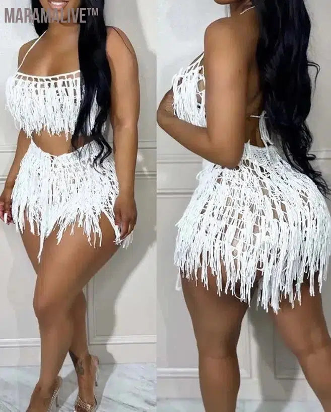 Sexy Womens Two Piece Sets Outfit Spaghetti Strap Crop Crochet Top & Tassel Design Shorts Set New Fashion 2023 Summer Casual