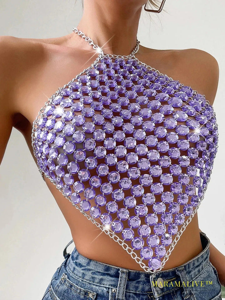 Sexy see through metal rhinestone Crop top women 2023 summer y2k streetwear tank Tops Club beach party halter top rave outfits