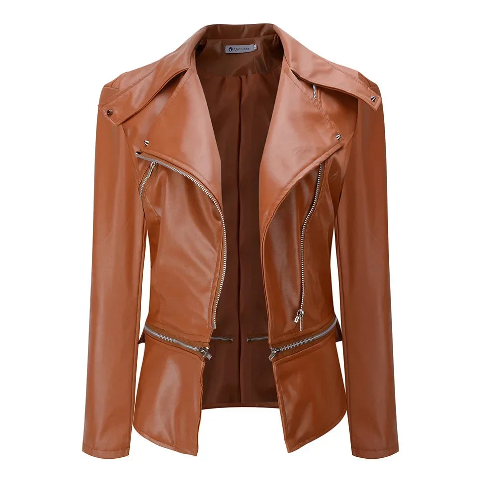 Brown, edgy, gothic-style faux leather jacket.