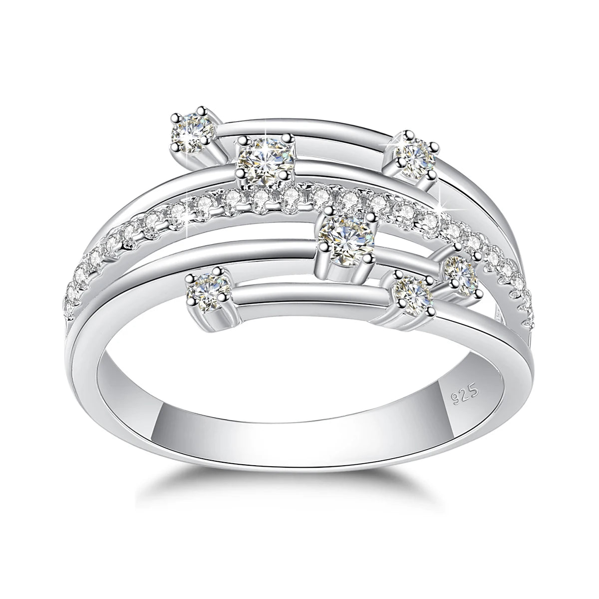 A stunning Szjinao Trendy Moissanite Ring Eternity Wedding Band Solid 925 Silver Rings For Women Jewelry Engagement Gift Dropship Supplier crafted from 925 sterling silver, adorned with multiple small diamonds arranged in a crisscross pattern on the top, perfect for a wedding by Maramalive™.