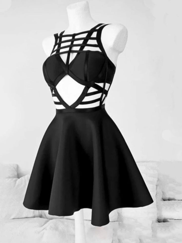 A Mall Goth Sexy Corset Dress Women Vintage Streetwear Hollow Out Criss-cross A-line Dress Emo Alt Grunge Elf Girl Dress by Maramalive™ with a fitted, spaghetti strap bodice and a flared skirt displayed on a white mannequin.