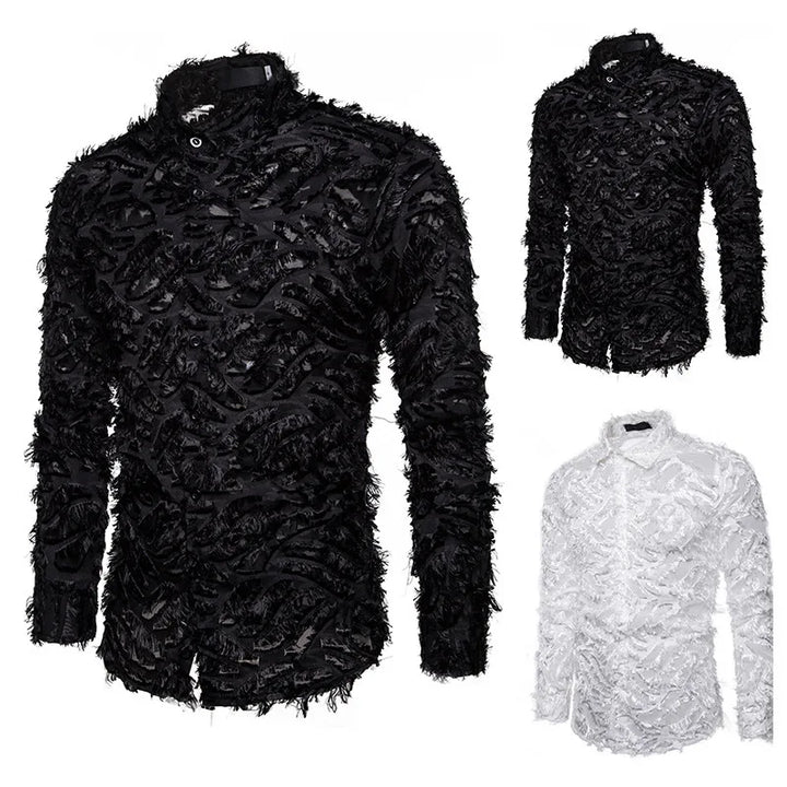 Three textured Maramalive™ New Men's Button Shirt Fashion Menswear Designer Personality Cute Clothes Street Fashion Designer Clothes are displayed. Two are black, and one is white. Each shirt, made from polyester fiber, features a unique, abstract frayed design.