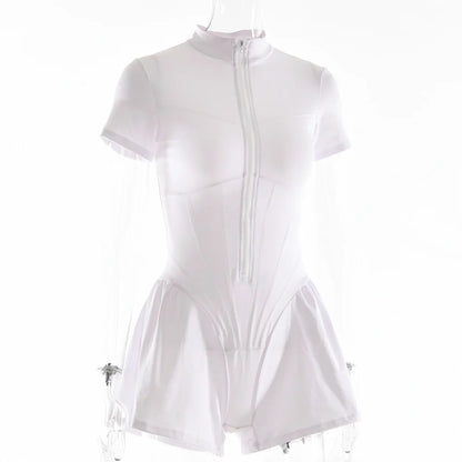 Fashion Sexy Women's Round-Necked One-Piece Suit  Summer Short Sleeve Zipper Corset Casual Tunics Sport Shorts One-Piece Suit