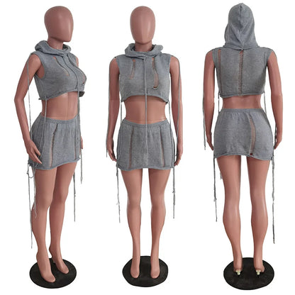 Streetwear Crochet Knit Co Ord Sets for Women Two Piece Outfits 2023 Hole Hooded Crop Top and Mini Skirts Y2K Night Club Outfit