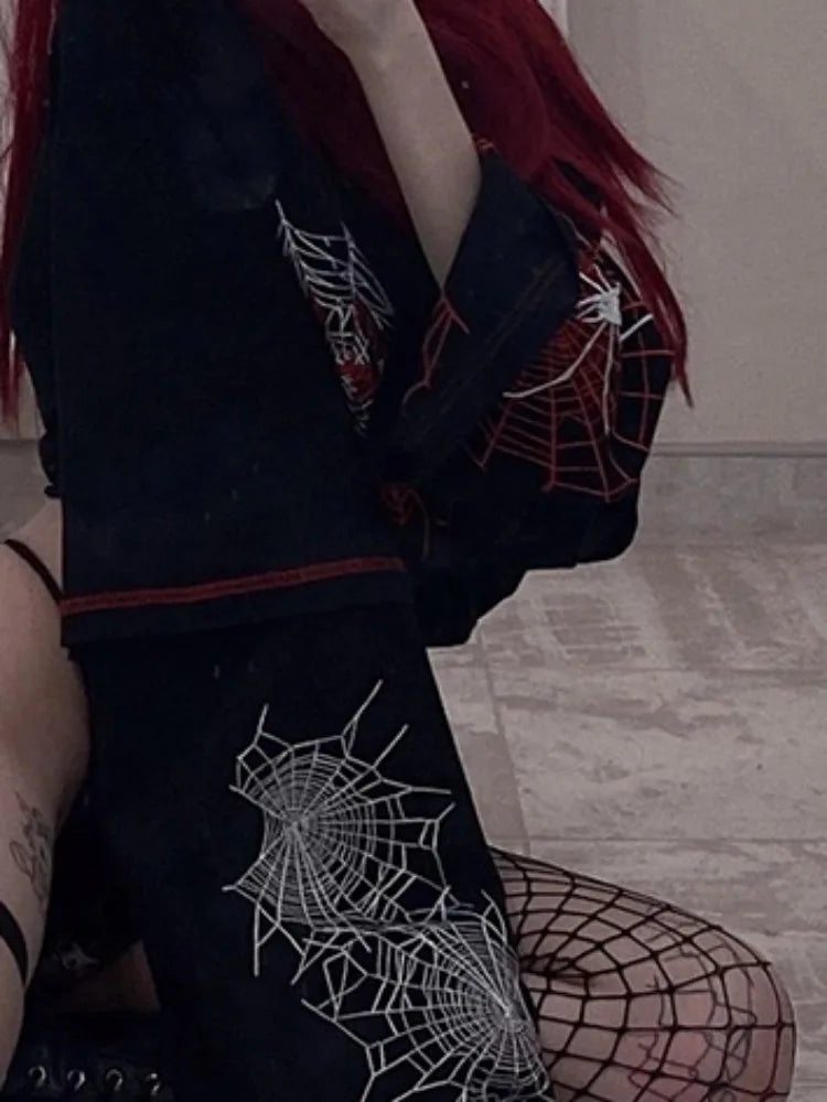 Deeptown Y2k Gothic Spider T Shirt Women Goth Dark Streetwear Design Tees Black Long Sleeve Top 2023 Autumn Spring