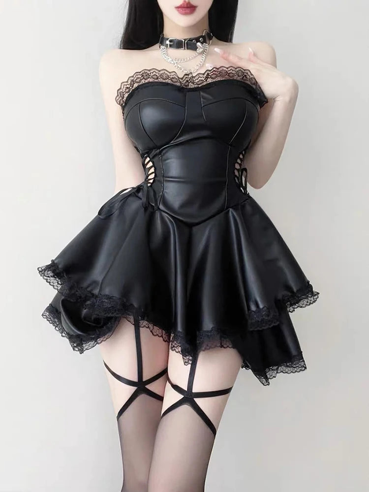 Dresses For Women 2023  90s Vintage Clothes Gothic Black Party Hollow Out High Waist Lace-up Corset mini Dress Partywear Women