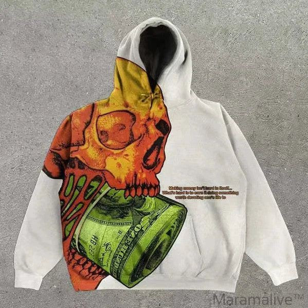 Explosions Printed Skull Y2K Retro Hooded Sweater Coat Street Style Gothic Casual Fashion Hooded Sweater Men's Female