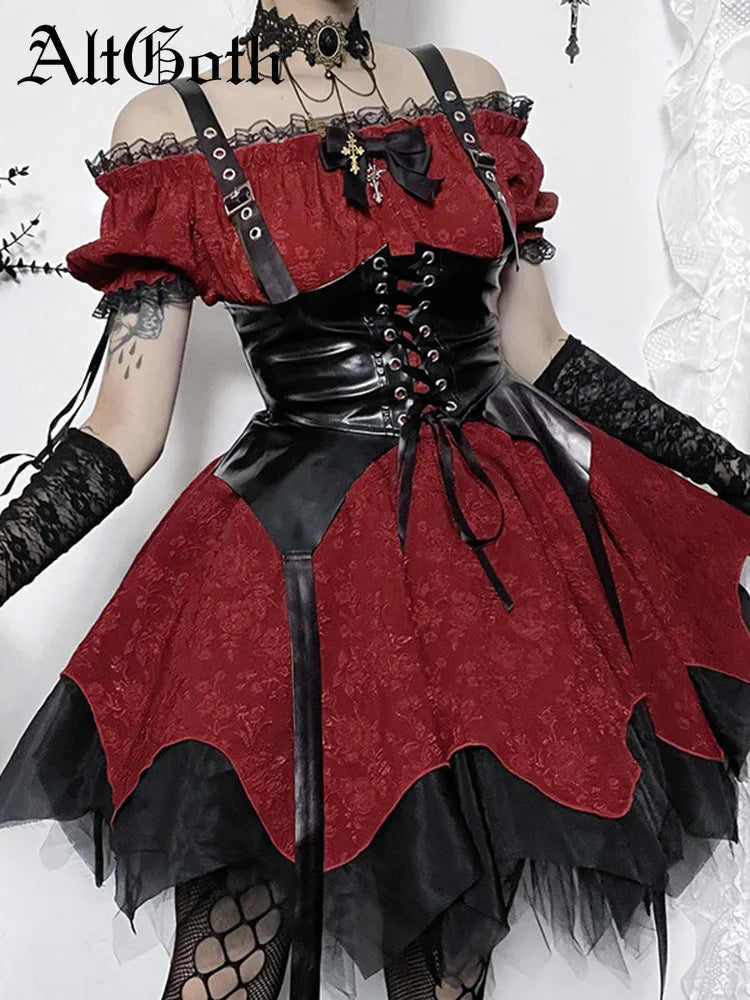 Model wearing a Victorian Gothic black and red lace dress, puffed sleeves. With a corset on top