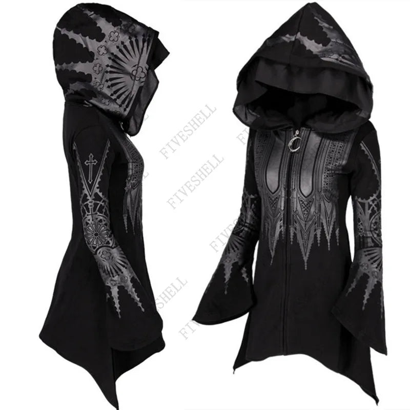 New Women Spring Autumn Gothic Hoodie Black Steampunk Printed Long Flare Sleeve Coat 2023 Y2k Sweatshirts For Female Streetwear by Maramalive™ with intricate silver designs featuring zippers and flared sleeves, shown from front and back views. Ideal for those seeking gothic clothes or anime cosplay women's clothing.