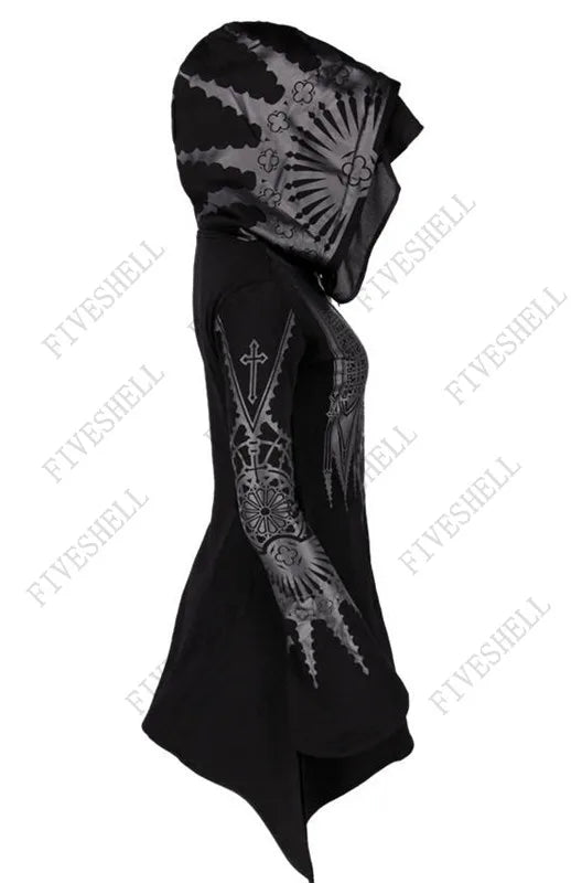 Side view of a New Women Spring Autumn Gothic Hoodie Black Steampunk Printed Long Flare Sleeve Coat 2023 Y2k Sweatshirts For Female Streetwear by Maramalive™ featuring Gothic-style silver prints on the hood, sleeves, and front. Perfect for anime cosplay women, the jacket boasts an asymmetrical hem and extended shoulders.