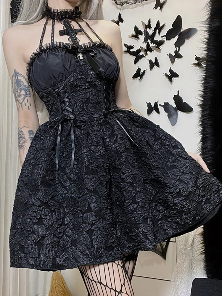 Goth Dark Mall Gothic Emo Jacquard A-line Dresses Elegant Grunge Ruched Bandage Partywear Punk Black Women Halloween Club Dress