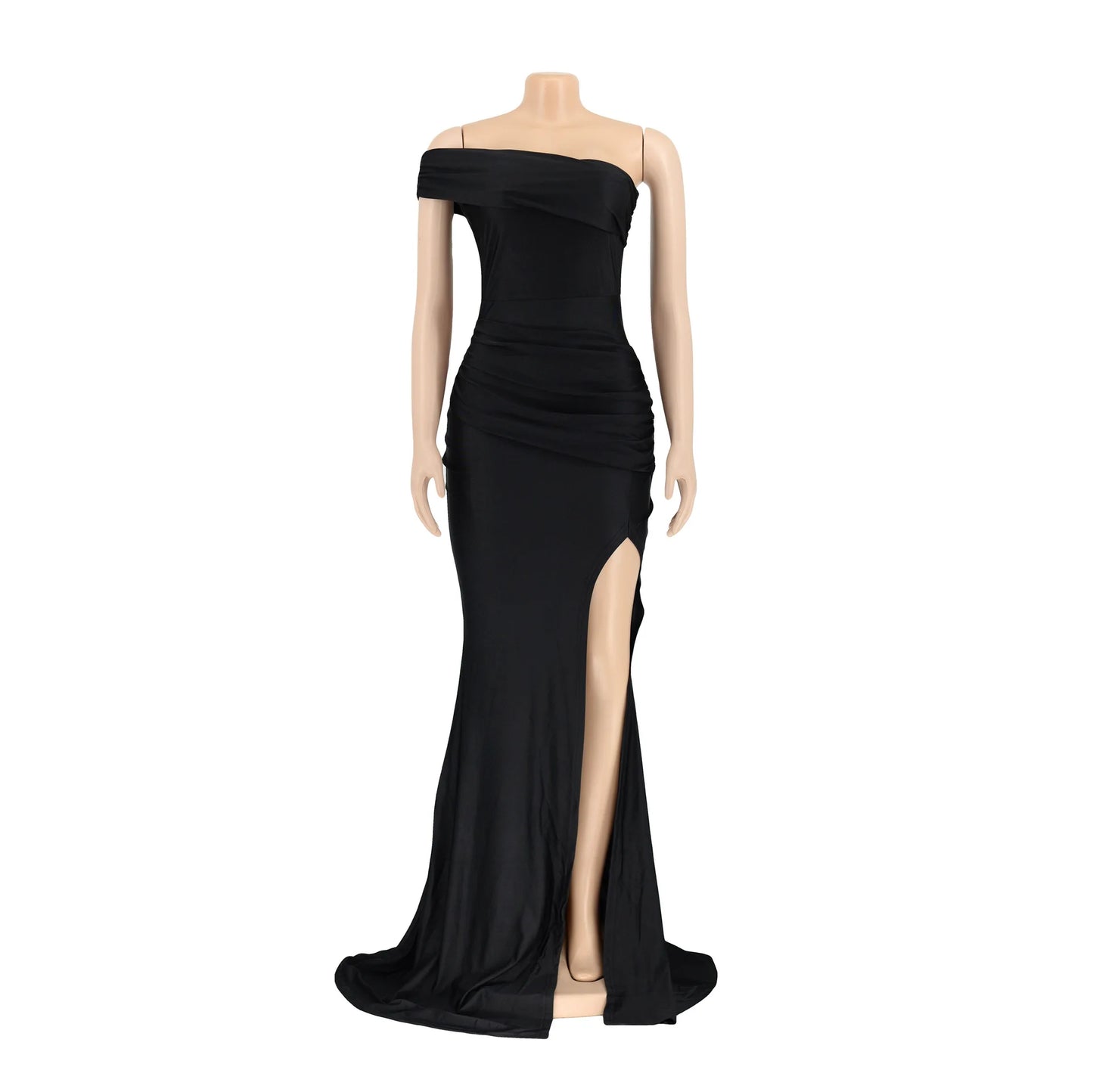 Women's Elegant Temperament Fashion Solid Color Dress Evening Gown Sleeveless One Line Oblique Shoulder Slit Sexy Dresses