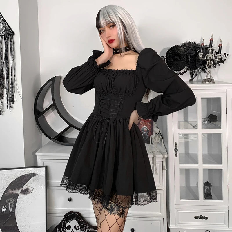 Long Sleeves Lolita Black Dress Goth Aesthetic Puff Sleeve High Waist Vintage Bandage Lace Trim Party Gothic Clothes Dress Woman