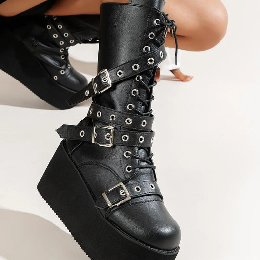 Big Size 43 Women Boots Black Lace Up Buckle Round Toe Wedges Platform Boots Punk Goth INS Women Street Shoes