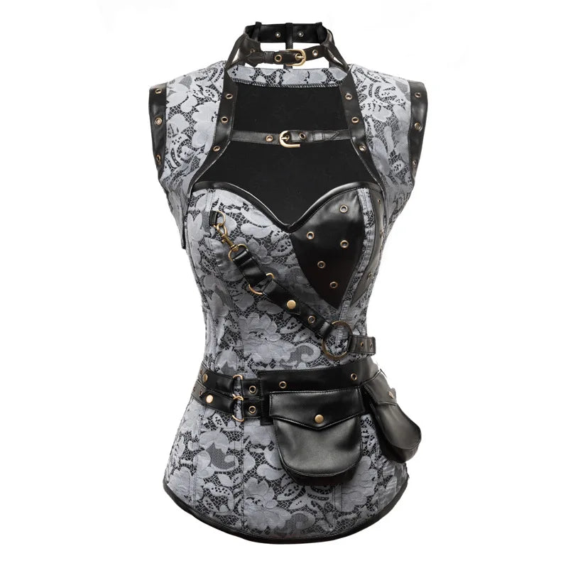 A Maramalive™ Retro Jacquard Floral Corsets Top Steampunk Women Sexy Goth Corset Overbust Gothic Bustier Bodice Femme Punk Clothing Plus Size with leather straps, buckles, small attached pouches, and a subtle floral pattern intertwining among the design.