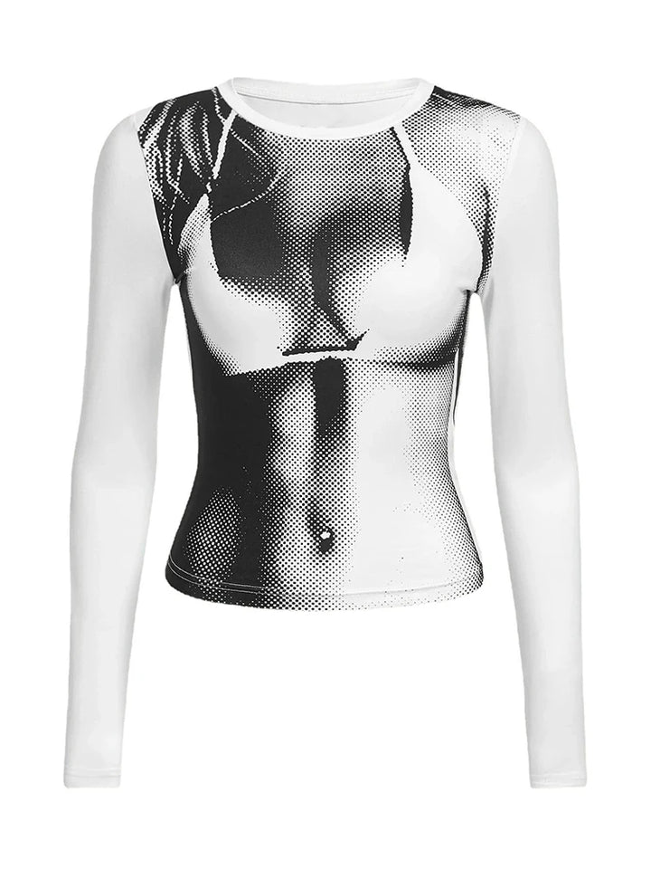 Long-sleeve white women tee with a black and white graphic of a woman's torso in a swimsuit on the front, seamlessly blending chic with a hint of gothic flair, is the Maramalive™ Grunge Graphic Print Long Sleeve Crop Tee Top Women Y2K Clothes Spring Goth High Street Style O-neck T Shirt Streetwear 2023.