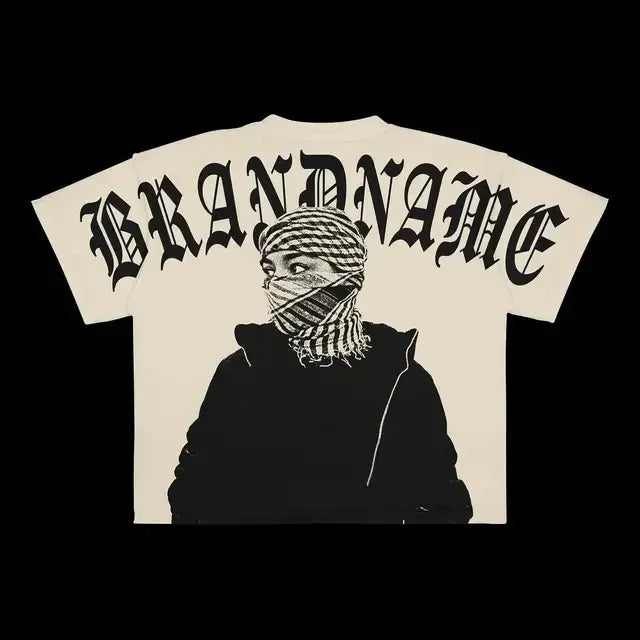 A beige T-shirt featuring a black and white illustration of a person with a covered face, wearing a hooded jacket. Large text "Maramalive™" is printed across the top in a gothic font, giving this Punk Hip Hop Graphic T Shirts Mens Vintage Y2k Top Harajuku Goth Oversized T Shirt Fashion Loose Casual Short Sleeve Streetwear an edgy vibe.