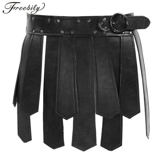 A black leather Ancient Greek Roman Gladiator Gothic Steampunk Belt Skirt Adult Men Halloween Carnival Party Cosplay Roman Soldier Costume with multiple vertical strips and a buckle, featuring metal studs. Perfect for adding an edgy touch to your punk style skirt or fringe tassel skirt outfit. Brought to you by Maramalive™.