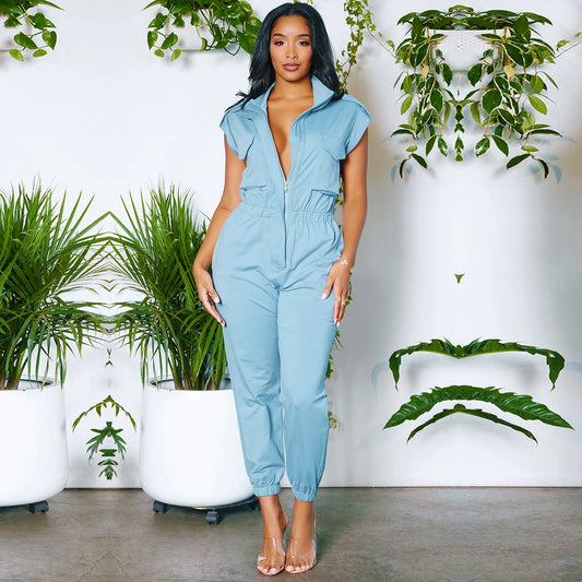 Sexy Casual Elastic-Waist Zip-Up Jumpsuits Cargo Suit Fashion Sleeveless Romper Pants Cargo Pants Solid Color Outfits For Lady