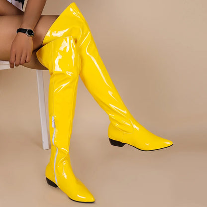 Lasyarrow 7 Low Heel Riding Boots Women's Patent Leather Over The Knee Boots in Candy Colors Size 34-48
