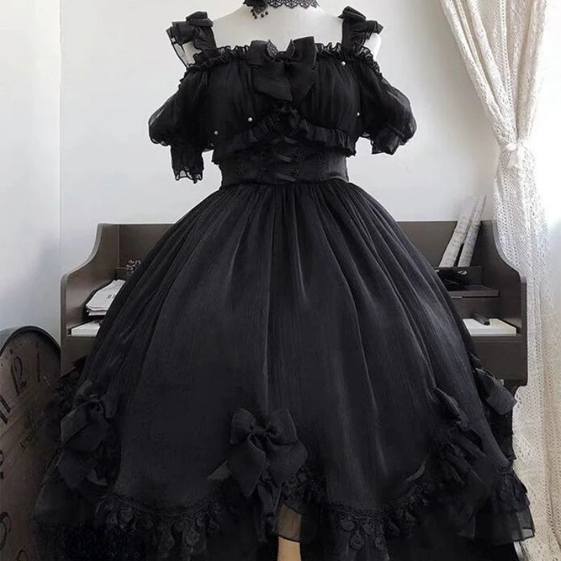 Victorian Gothic Lolita Dress Women Black White Elegant Backless Fairy Dresses Girly Kawaii Sweet Cosplay Mini Vestidos