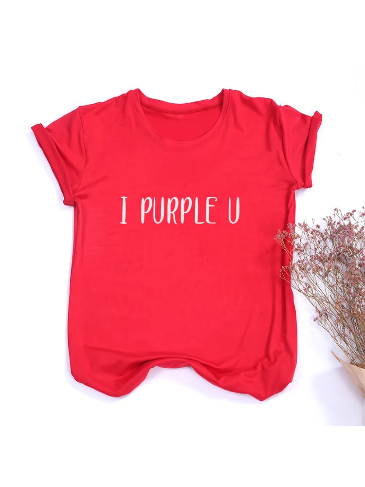 Red T-shirt with the text "I PURPLE U" in white letters, displayed on a white background with a bunch of dried flowers beside it. This casual women's **Maramalive™ Female Short Sleeve KPOP I PURPLE U T-shirt Aesthetic High Quality Haut Femme Summer Top Tee Shirt Streetwear Cute Tshirts** is perfect for Spring/Summer tees collection, made from comfortable polyester broadcloth fabric.