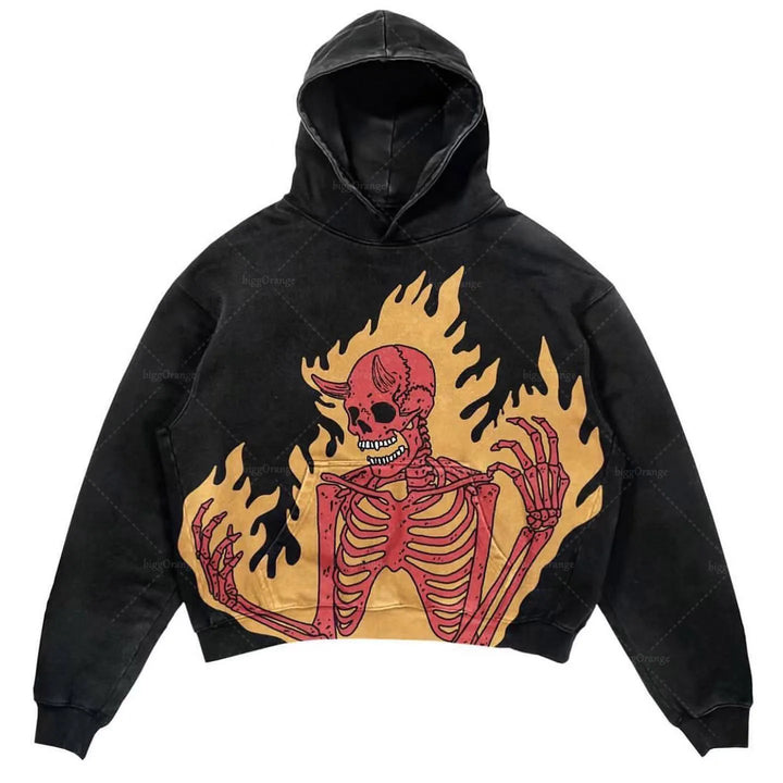 Black hooded sweatshirt featuring a graphic of a red skeleton with horns surrounded by flames, this Explosions Printed Skull Y2K Retro Hooded Sweater Coat Street Style Gothic Casual Fashion Hooded Sweater Men's Female by Maramalive™ adds an edgy flair to your wardrobe.