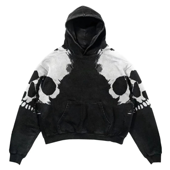 A Maramalive™ Explosions Printed Skull Y2K Retro Hooded Sweater Coat Street Style Gothic Casual Fashion Hooded Sweater Men's Female with a white skull design on the front and extending onto the sleeves. This retro hoodie features a front kangaroo pocket for added convenience.
