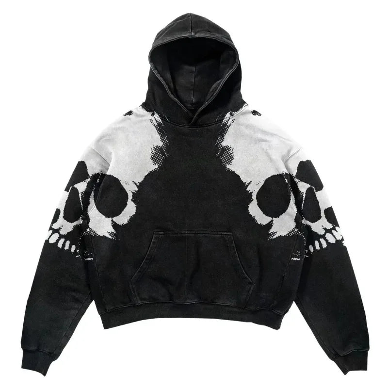 Retro Punk Men's Hoodies Y2K Streetwear Hip Hop Blast Print Skull Pattern Sweatshirt Men Gothic Pullover Hoodie