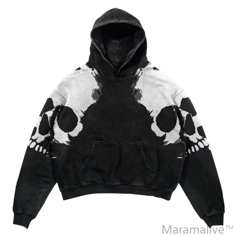 Explosions Printed Skull Y2K Retro Hooded Sweater Coat Street Style Gothic Casual Fashion Hooded Sweater Men's Female