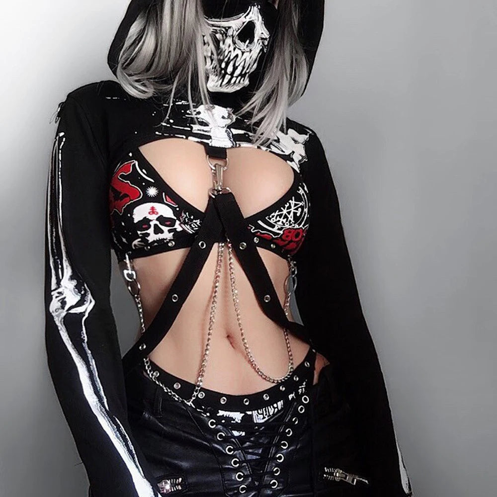 Sexy Chic Skull Mask Crop Top Women Gothic Black Hoodie Dark Festival Goth Clothes Long Sleeve Shirt Graphic Sweatshirt Pull Y2K