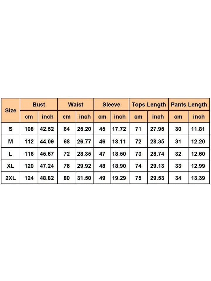 Size chart table displaying measurements in centimeters and inches for bust, waist, sleeve, tops length, and pants length across six sizes: S, M, L, XL, 2XL. Perfect for women's summer clothing and casual polyester wear featuring the Maramalive™ 2 Pieces Set Sexy Fashion Women Set 2023 Spring Summer Female Tops Flower Print Long Sleeve Shirt And Elastic Waist Shorts Suit.