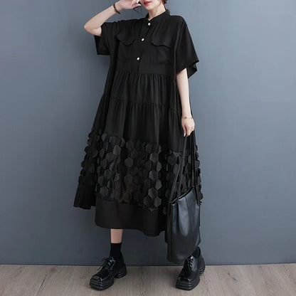 Patchwork Honeycomb Black Half Buttoned Tiered Loose Casual Women Midi Shirt Dresses Stand Collor Spring Autumn