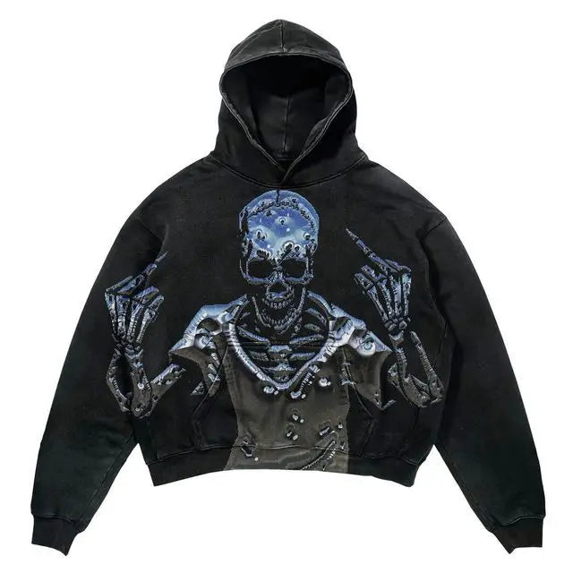 A Maramalive™ Explosions Printed Skull Y2K Retro Hooded Sweater Coat Street Style Gothic Casual Fashion Hooded Sweater Men's Female featuring a skeleton graphic with both middle fingers raised, reminiscent of a retro pattern sweatshirt style.