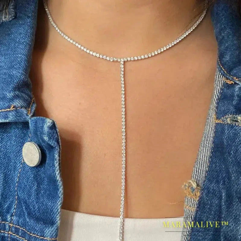 Shape Choker with Rhinestones Long Necklace for Women Single Layer Chain Tassel Choker Necklace Collar Body Jewelry