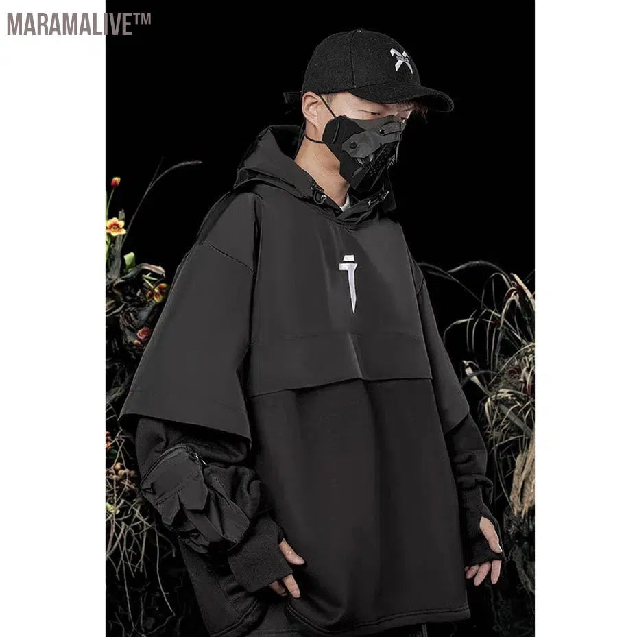 Shawl Patchwork Black Techwear Harajuku Hoodies Men Multi Pockets Kanji Oversized Hip Hop Hoodie Streetwear Tactical Cargo Tops