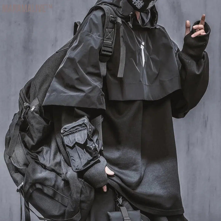 Shawl Patchwork Black Techwear Harajuku Hoodies Men Multi Pockets Kanji Oversized Hip Hop Hoodie Streetwear Tactical Cargo Tops