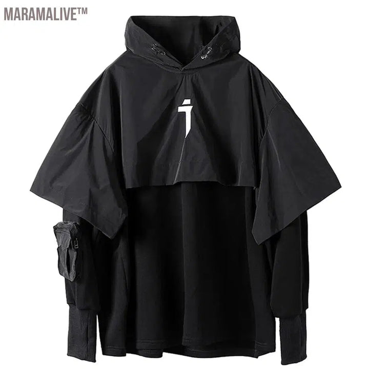 Shawl Patchwork Black Techwear Harajuku Hoodies Men Multi Pockets Kanji Oversized Hip Hop Hoodie Streetwear Tactical Cargo Tops