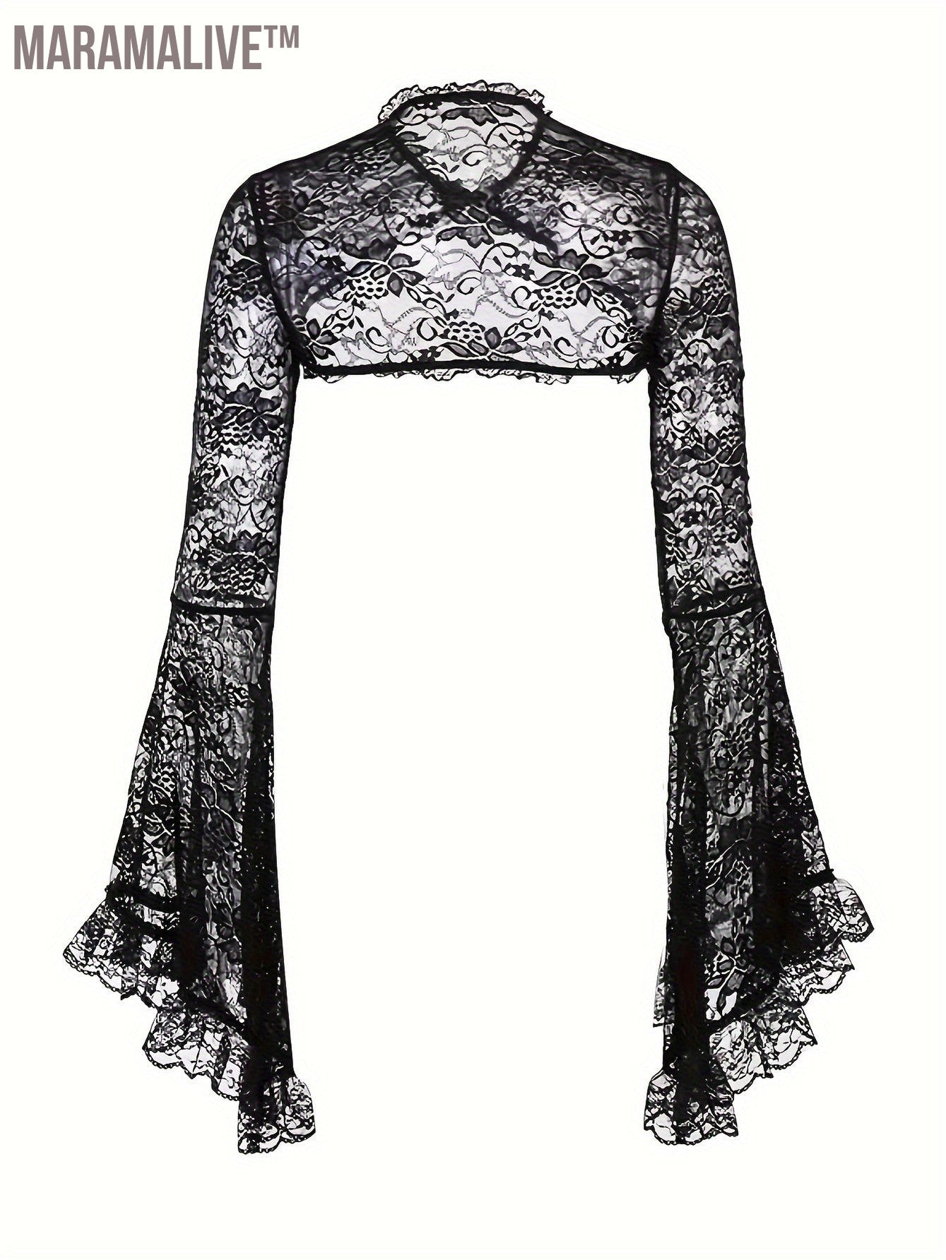 Sheer Lace Shrug Top, Flare Long Sleeve Crop Top, Women's Clothing