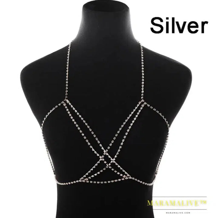 Shiny Choker Necklace Rhinestone Body Chains Summer Beach Simple Cross Sexy Bra Chain Crystal Bikini Top for Women